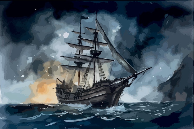 Pirate ship sailing during a storm Fantasy galleon vessel Old vintage naval war Watercolor