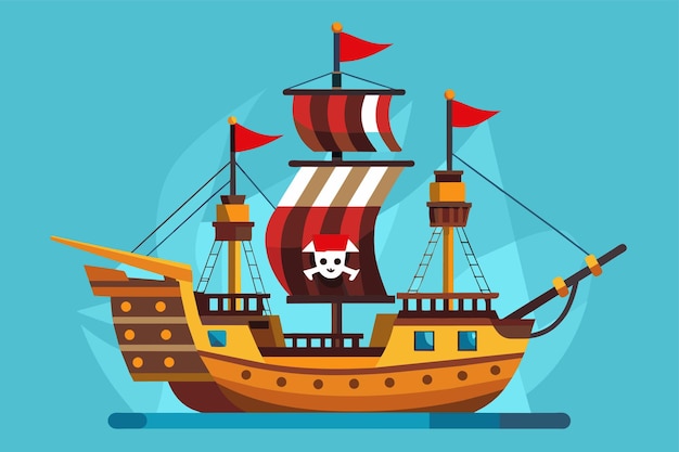 Vector a pirate ship at sea featuring a prominent skull and crossbones flag pirate boat customizable flat illustration