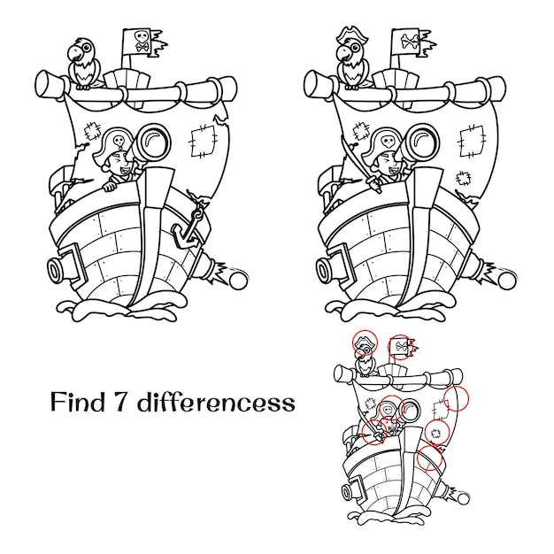 Vector pirate ship with a pirate and a parrot find 7 differences tasks for children