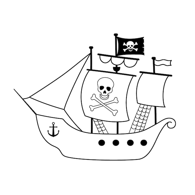 Pirate ship with skull with crossed bones on the sail isolated on white vector line monochrome illustration for coloring page