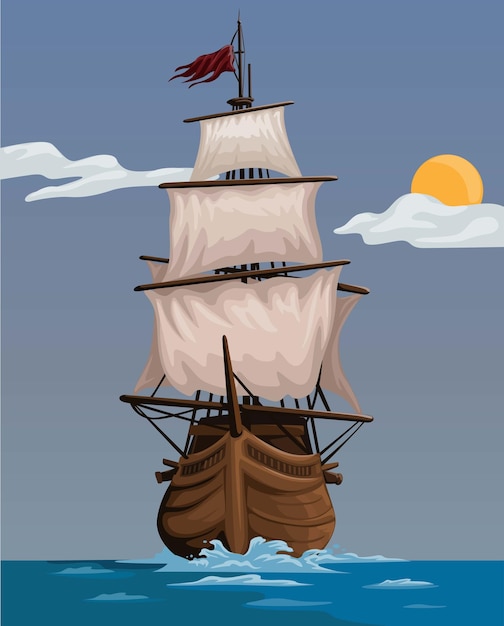 해적선 목조 고대 선박 만화 그림 벡터
