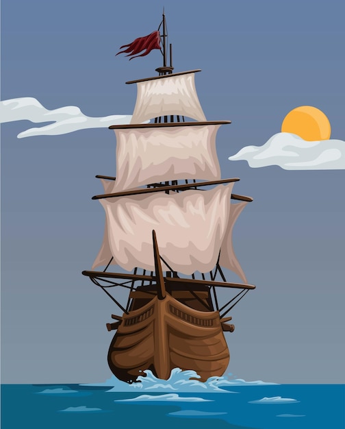 Pirate ship wooden ancient watercraft cartoon illustration vector