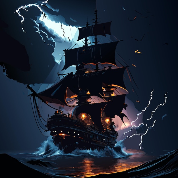 水上の海賊船が雷雨の大砲を発砲