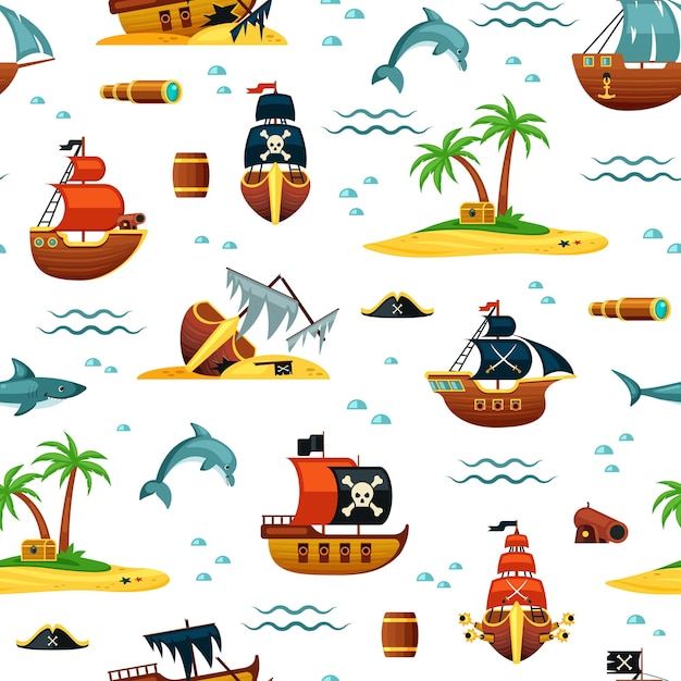 Pirate ships and treasures seamless pattern