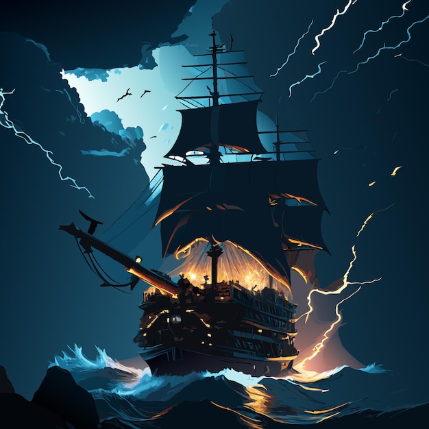 Vector pirate ships on the water lightning storm canons firing