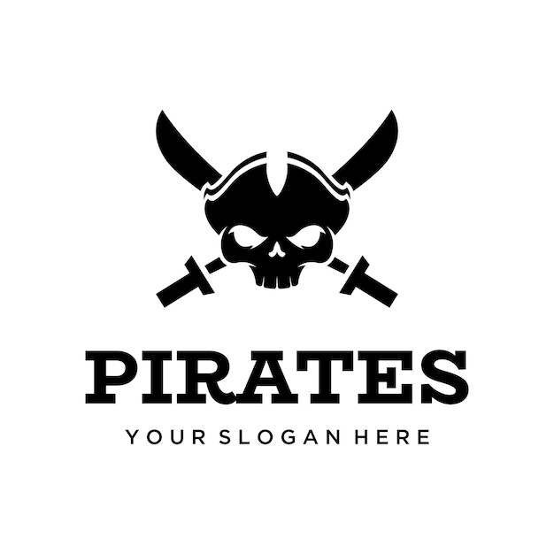 Дизайн шаблона логотипа пиратского силуэта со скрещенными мечами, черепом и костямиВекторная иллюстрация