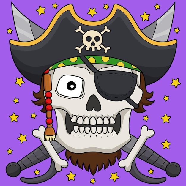 Vector pirate skull colored cartoon illustration