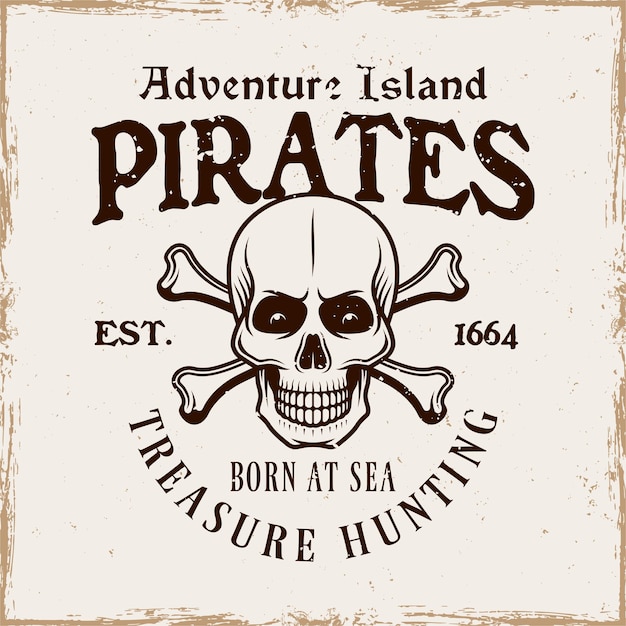 Vector pirate skull and crossed bones vector emblem in vintage style isolated on on background with removable grunge textures