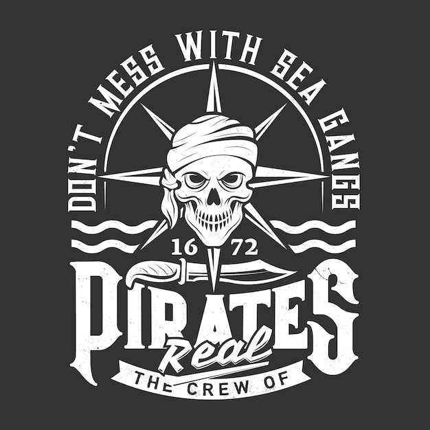 Pirate skull emblem, pirate knife and waves