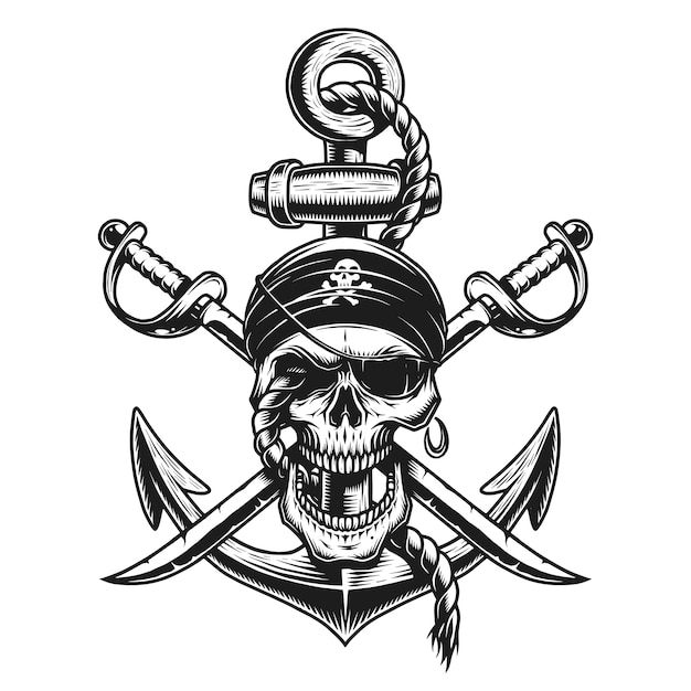 Emblema del teschio pirata con spade, ancora