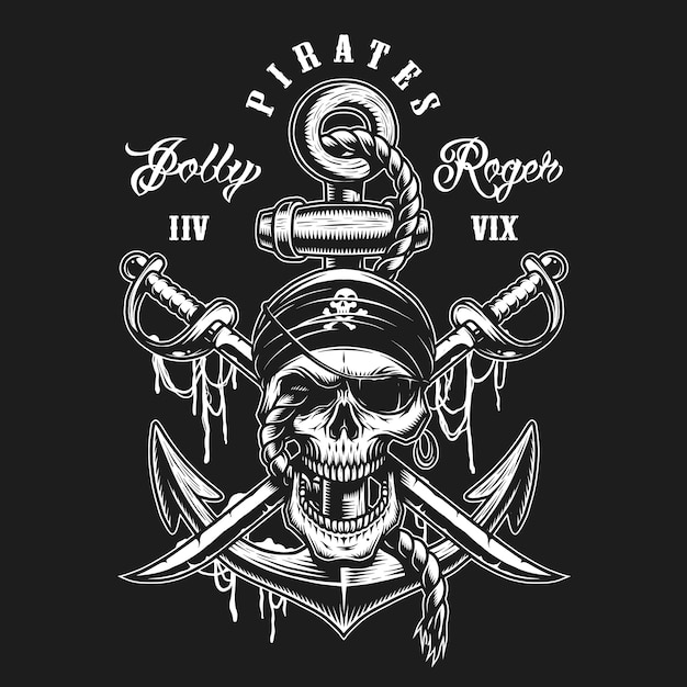 Vector pirate skull emblem with swords, anchor