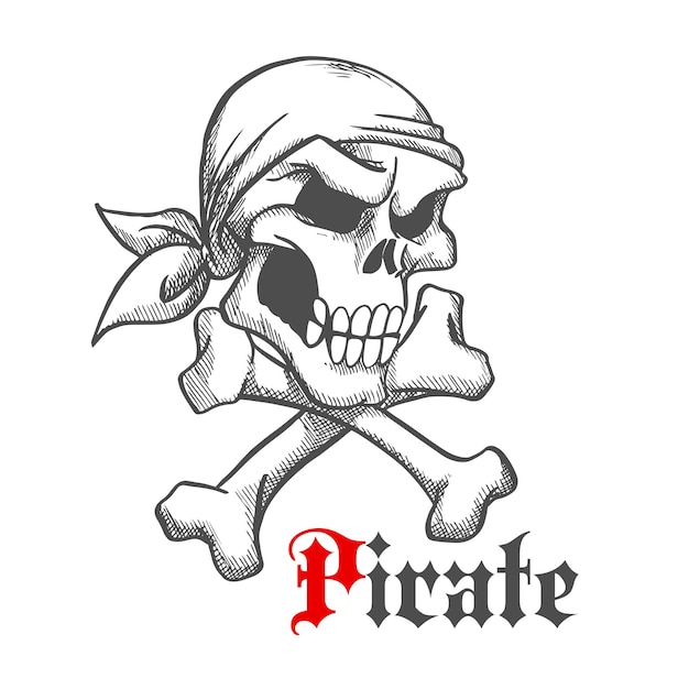 Вектор Пиратский череп в бандане с наброском скрещенных костей