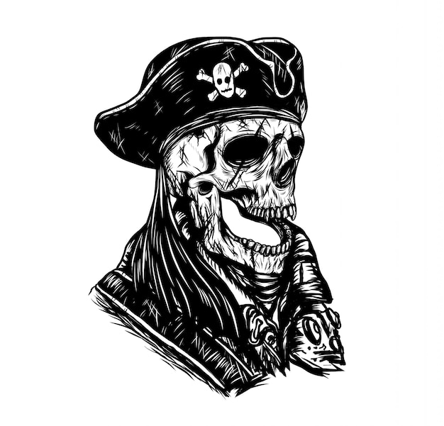 Disegno di vettore del cranio del pirata a mano.