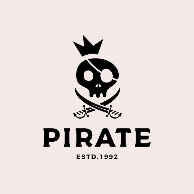 Teschio pirata con spada logo design illustrazione vettoriale