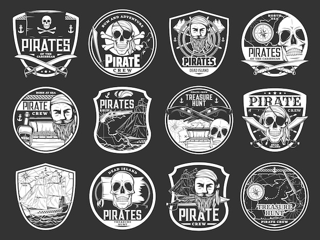 Pirate skulls and treasure island icons