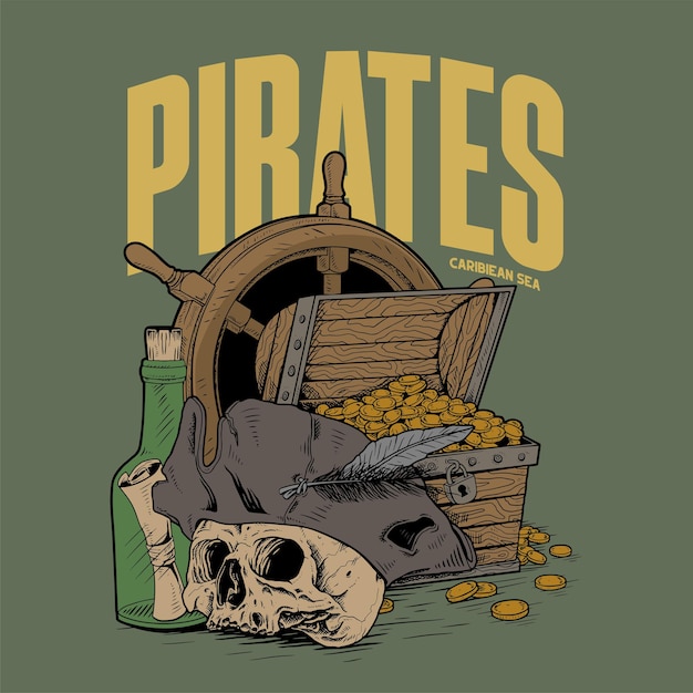 Pirate skulls and treasure Premium vector