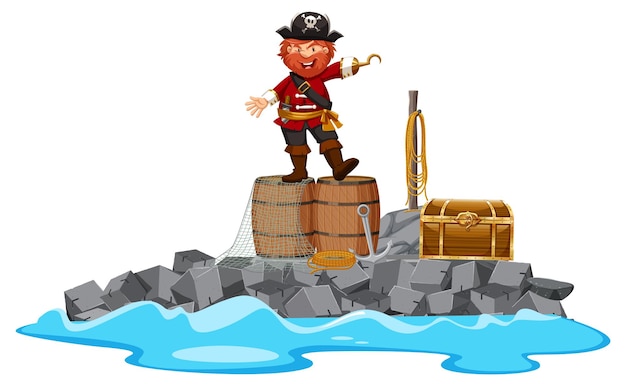 Vector pirate standing on barrel on isolated island