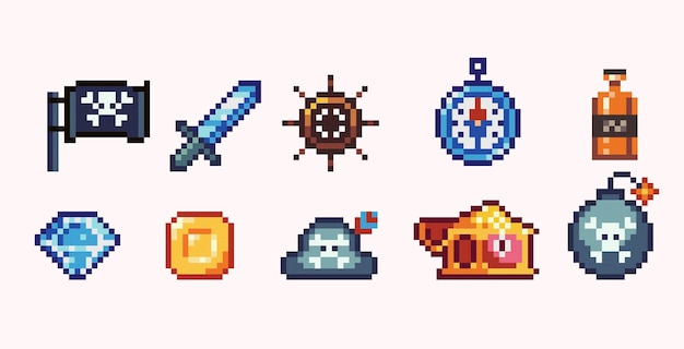 Pirate symbols pixel art set. treasure, black flag, rum, compass, weapon and bomb collection. 8 bit