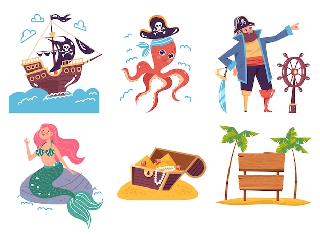 Pirate treasure chest mermaid characters isolated set graphic design illustration