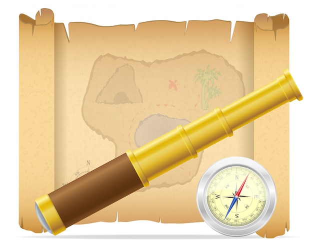 海賊宝の地図とコンパスベクトル図と望遠鏡
