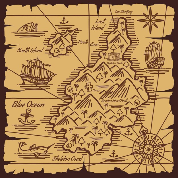 Vector pirate treasure map old scroll vector sketch