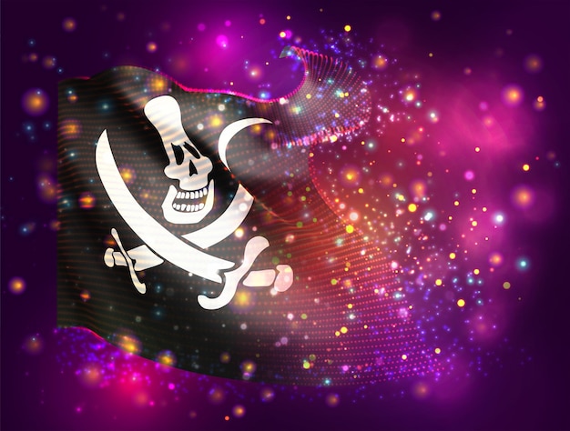 Vector pirate on vector 3d flag on pink purple background with lighting and flares