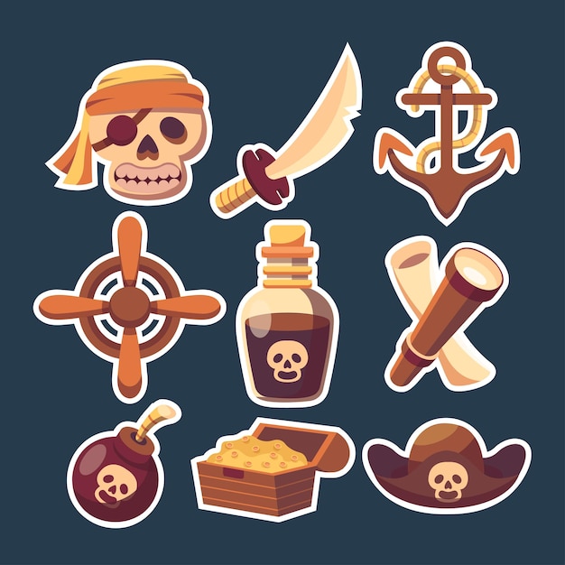 Vector pirate vector game icon set cartoon corsair treasure object kit wooden wheel chest jolly roger vintage caribbean object golden compass spying glass ui vector illustration