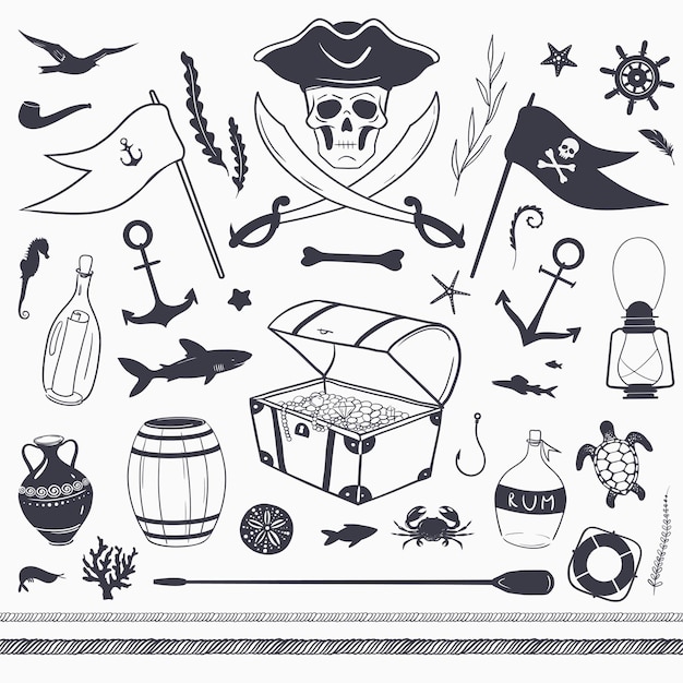 Set vettoriale pirata bandiera pirata teschio scrigno del tesoro corda di ancoraggio pesce squalo gabbiano Vettore Premium