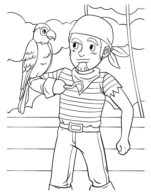 Pirate with Macaw Coloring Page for Kids