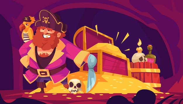 Piraten avontuur illustratie in plat ontwerp.