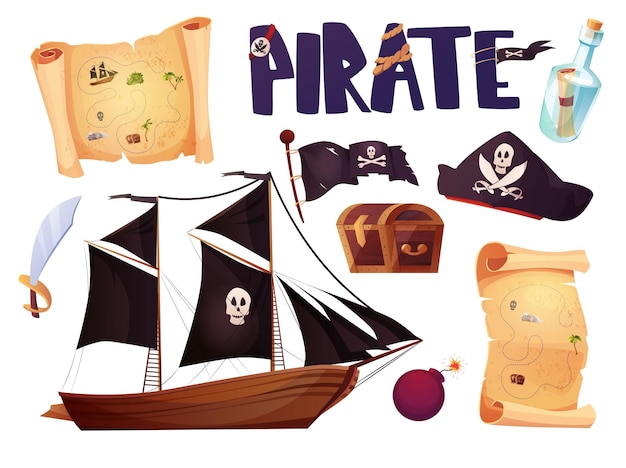 Piraten instellen pictogrammen in cartoon-stijl Vlag met witte schedel en kruisende botten