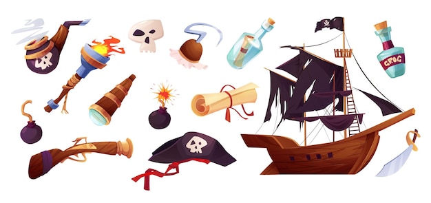 Piraten stel pictogrammen in cartoon stijl.