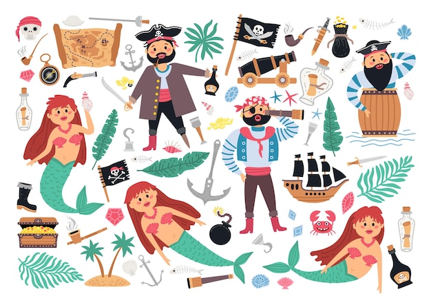 Piratencollectie met zeilschip, palm, zeemeermin, piraten, kaart en andere