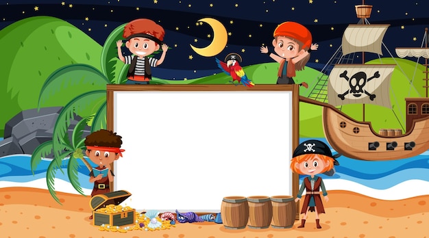 Piratenkinderen bij de strandnachtscène met een lege bannersjabloon