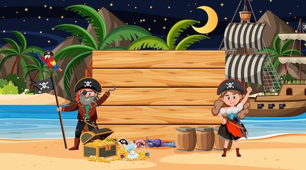Piratenkinderen bij de strandnachtscène met een lege houten bannersjabloon
