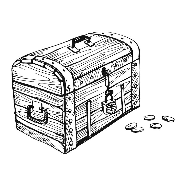 Piratenkist Antieke houten kist met slot en gouden munten