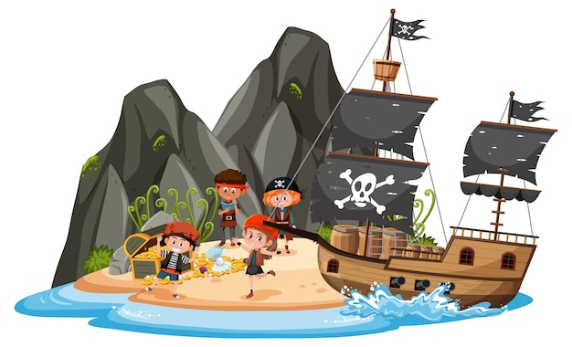 Piratenschip op het eiland met veel kinderen geïsoleerd op een witte achtergrond