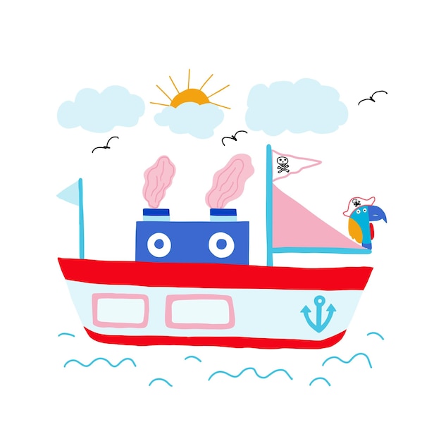 Vector piratenschip op zee. leuke illustratie met een papegaai en een zeeschip geïsoleerd op een witte achtergrond.