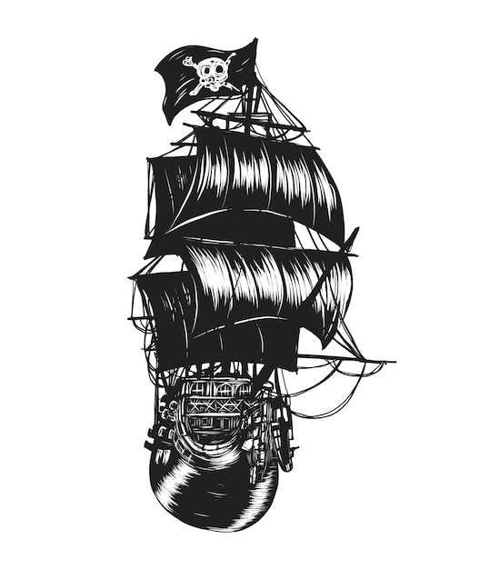Piratenschip vector met de hand tekening.