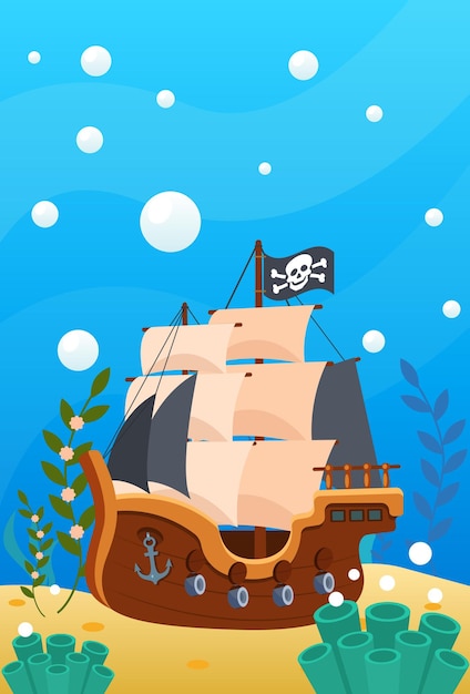 Piratenthema schat piratenkaart van oceaanstuurwielanker op diepten van zee tussen het zand