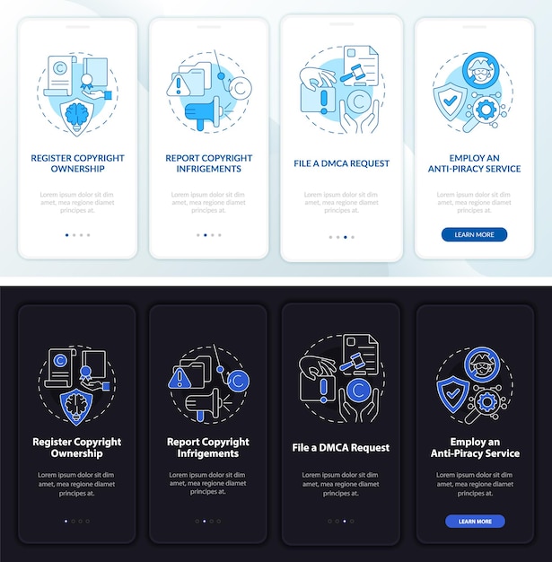 Piraterij preventie onboarding mobiele app paginascherm. Registreer eigendom walkthrough 4 stappen grafische instructies met concepten. UI, UX, GUI vectorsjabloon met lineaire nacht- en dagmodusillustraties