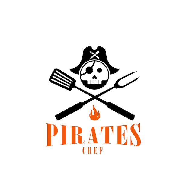 Pirates Chef De piraat met spatel en vleesvork logo-ontwerpidee voor restaurantbarbarbecue