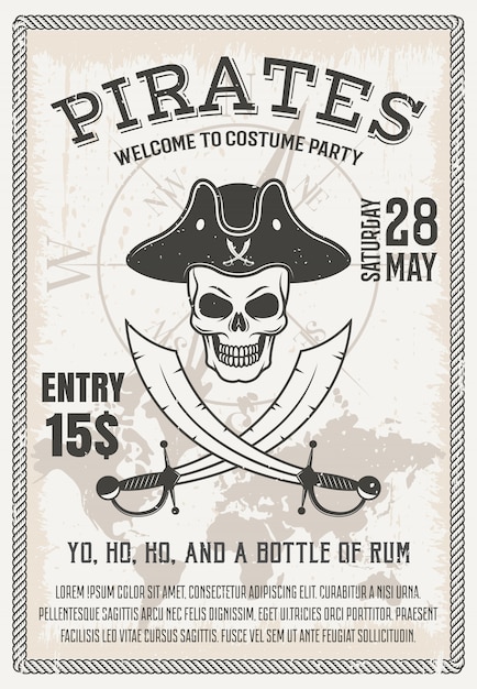 Pirates costume party poster with smiling skull crossed sabers on world map and compass, vector illustration