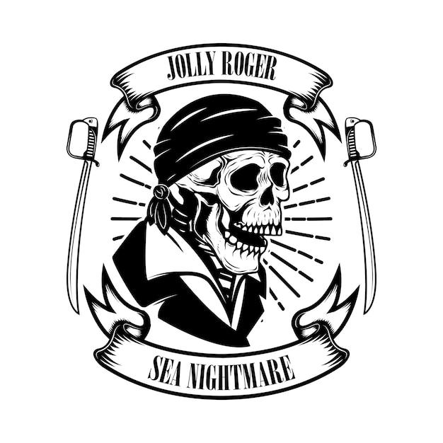 Pirati. modello dell'emblema con spade e teschio pirata.