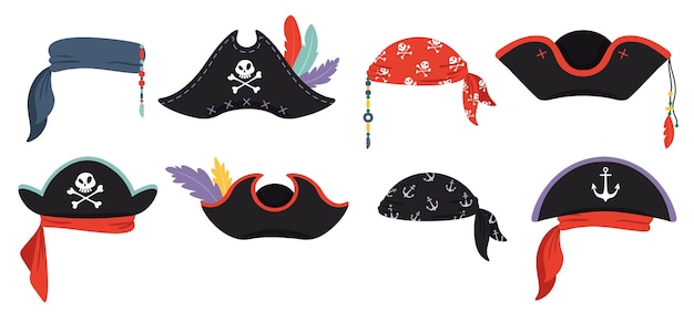 Вектор Пиратские шляпы. модная кепка морского пиратства, головной убор пирата, головной убор для вечеринки с роджером, векторная иллюстрация