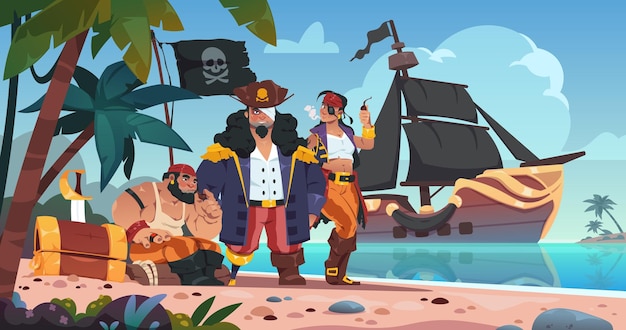 Pirates on island cartoon kids background with corsairs and pirate characters on sea beach with treasure chest spyglass sword and cannon vector illustration