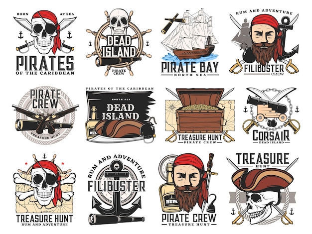 Pirates island, treasure hunt adventure and filibuster crew emblems