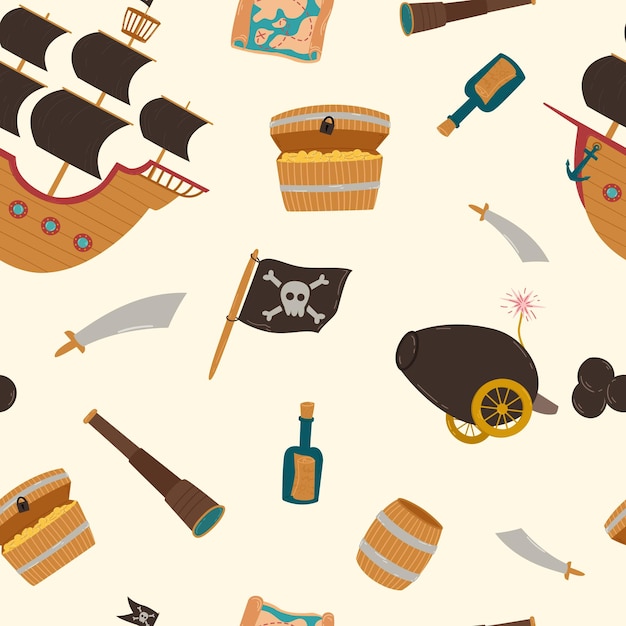 Вектор Пиратский объект вектор бесшовный узор пиратская подзорная труба бочка рома и сундук с сокровищами графический принт для тканей и детских товаров
