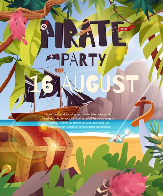 Pirates party invitation poster. Sailing pirate ship with black flags