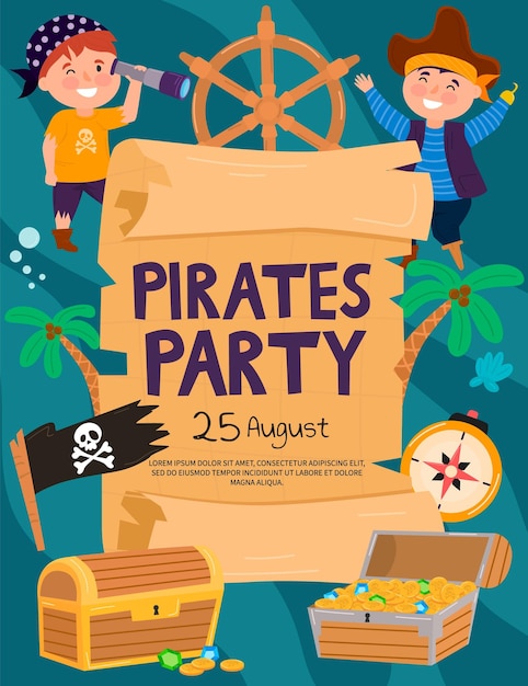 해적 파티 어린이 모험 만화 포스터에는 비밀 섬에 금이 있는 보물 상자가 있으며 어린이 이벤트 벡터 수직 전단지 세트에 초대됩니다.